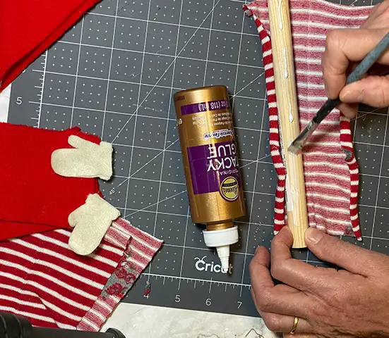how to make a standing gnome - glue fabric onto legs