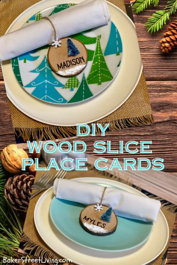 diy wood slice place cards on a plate with napkins