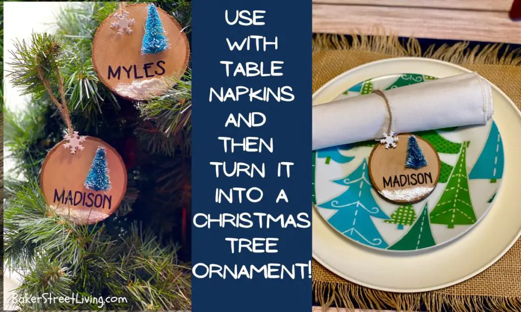 diy wood slice place cards turned into a tree ornament