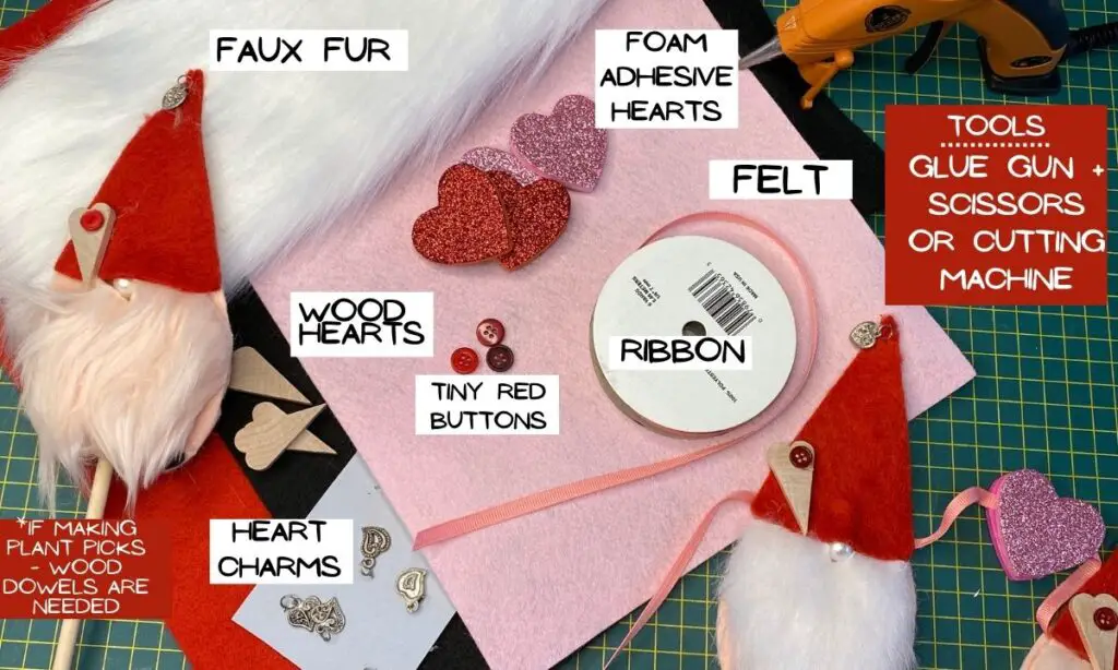 craft supplies needed to make a valentine gnome garland