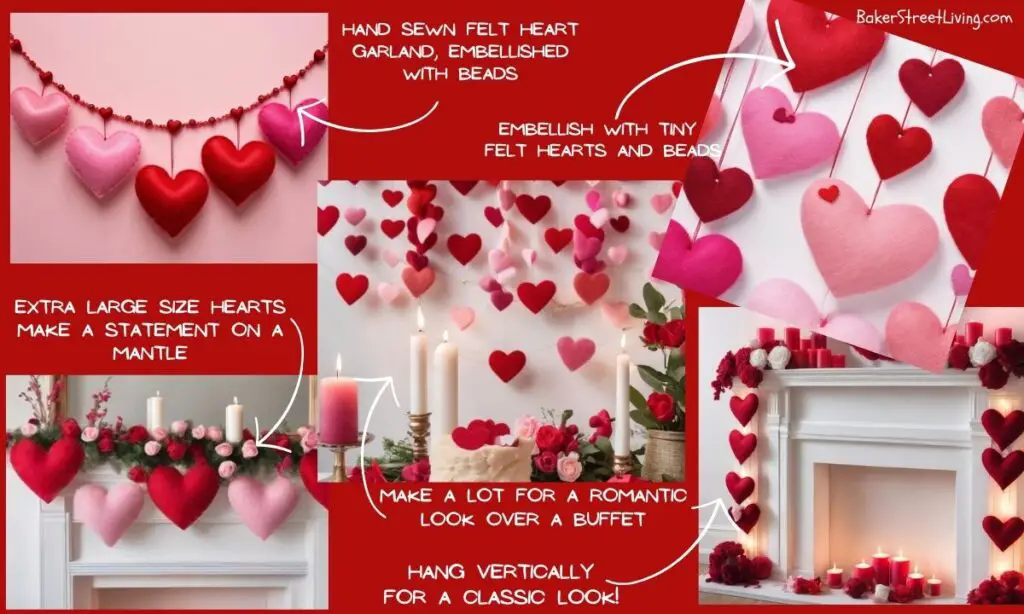 felt valentine's heart garland - hung in many different wys