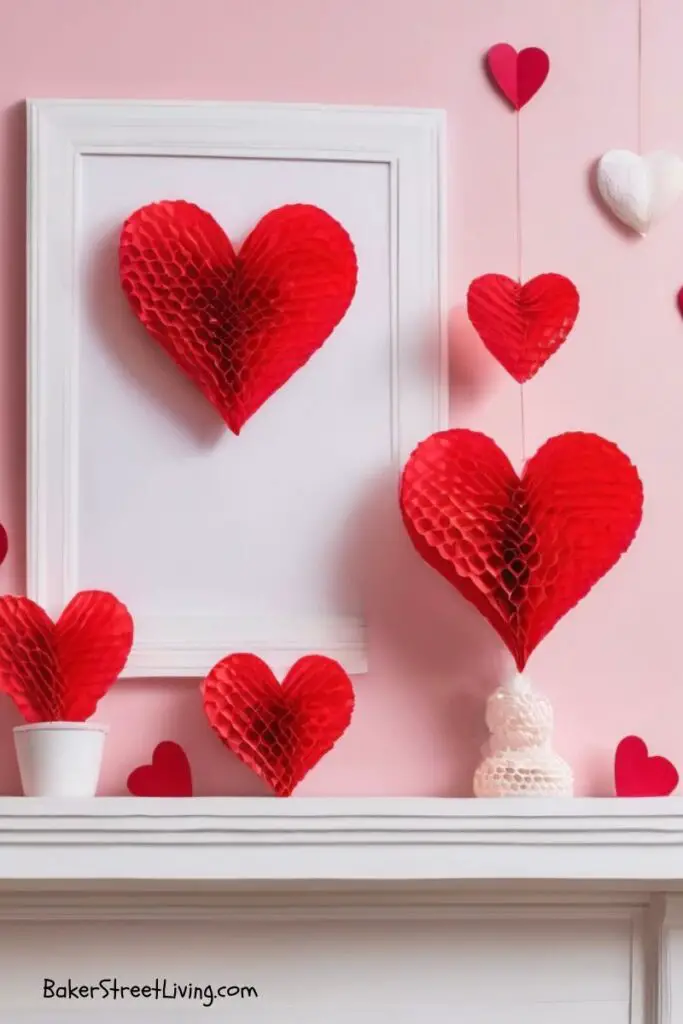 honeycomb tissue hearts above a mantle - Fireplace decor for valentine's Dau