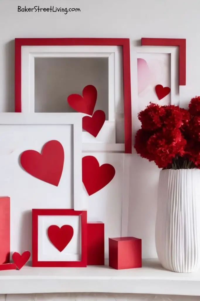 painted frames with paper hearts on a mantle