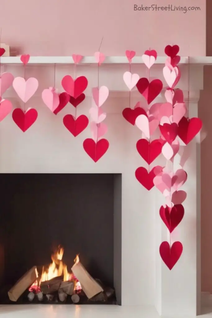 paper hearts hanging from a fireplace mantle