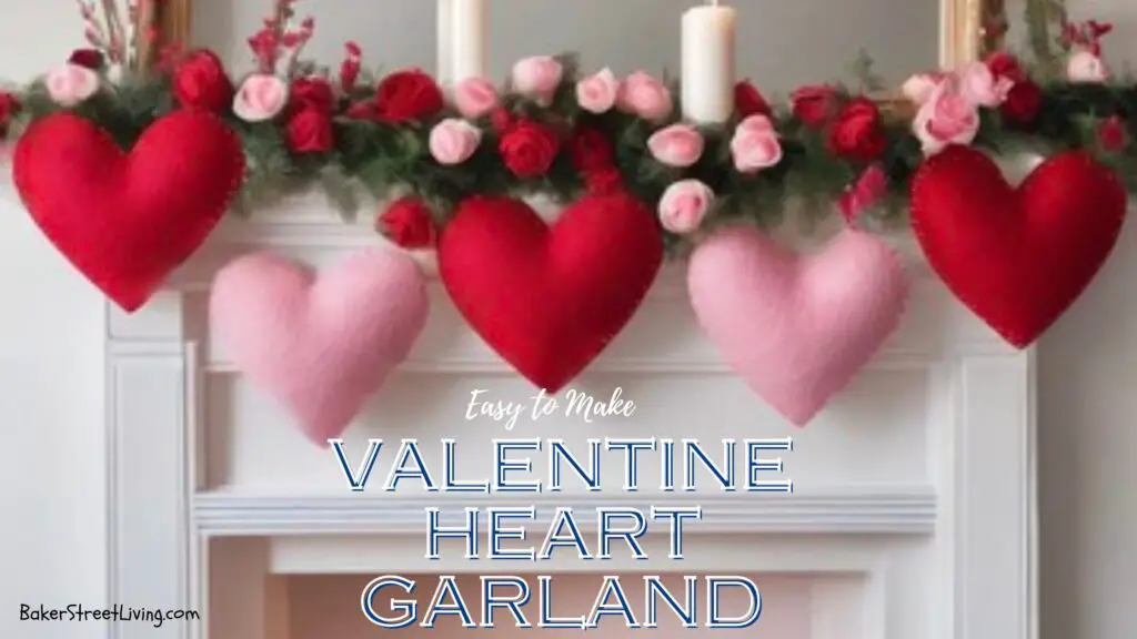 diy felt valentine's heart garland hanging on a whiite mantle