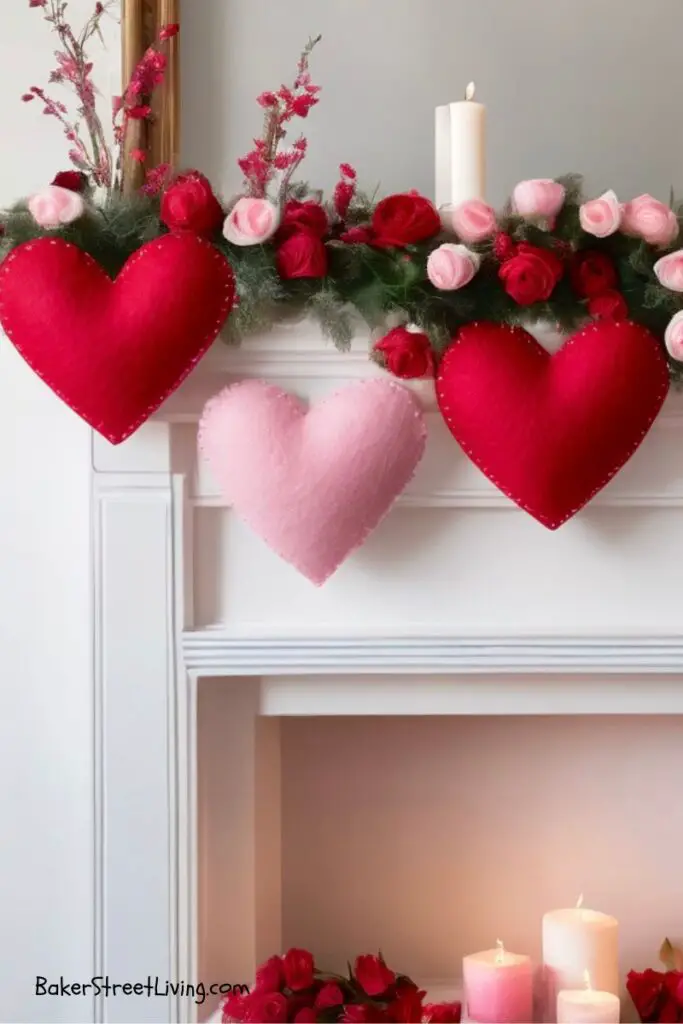 Big Stuffed Felt hearts on a fireplace