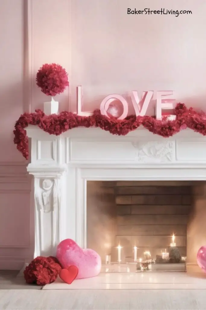 red flower garland on a white fireplace mantle wth wooden LOVE Letters