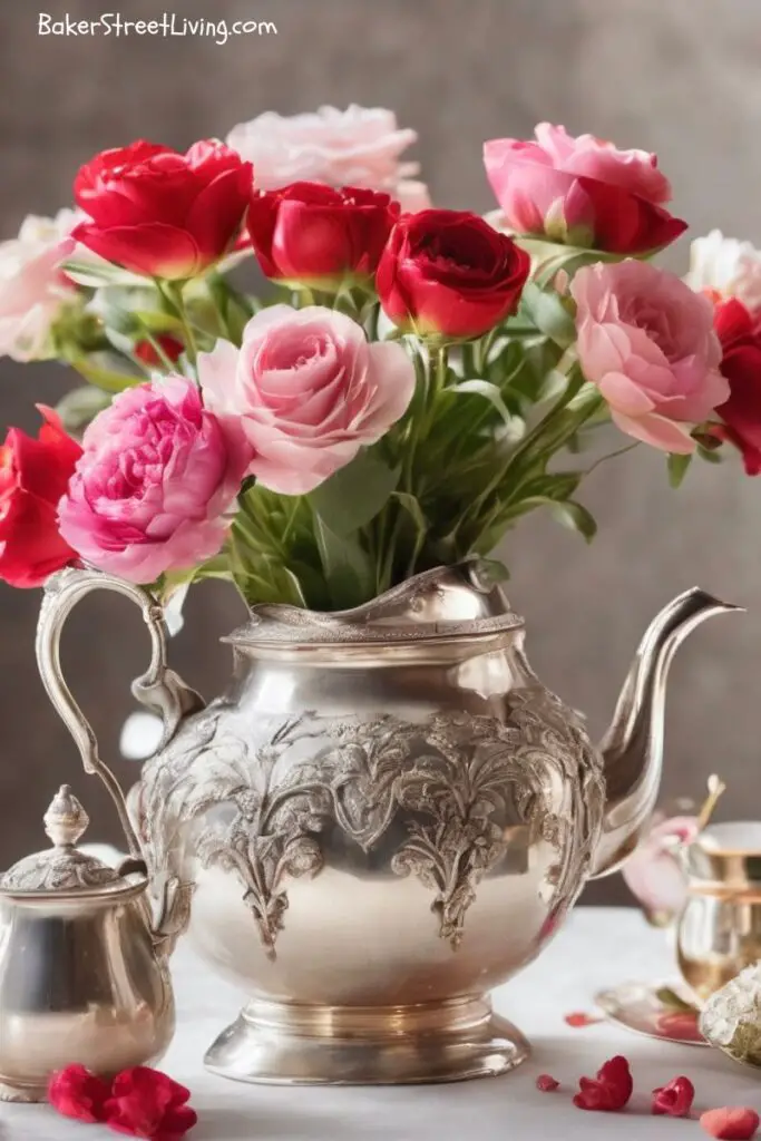 valentiones day table decor - vintage teapot