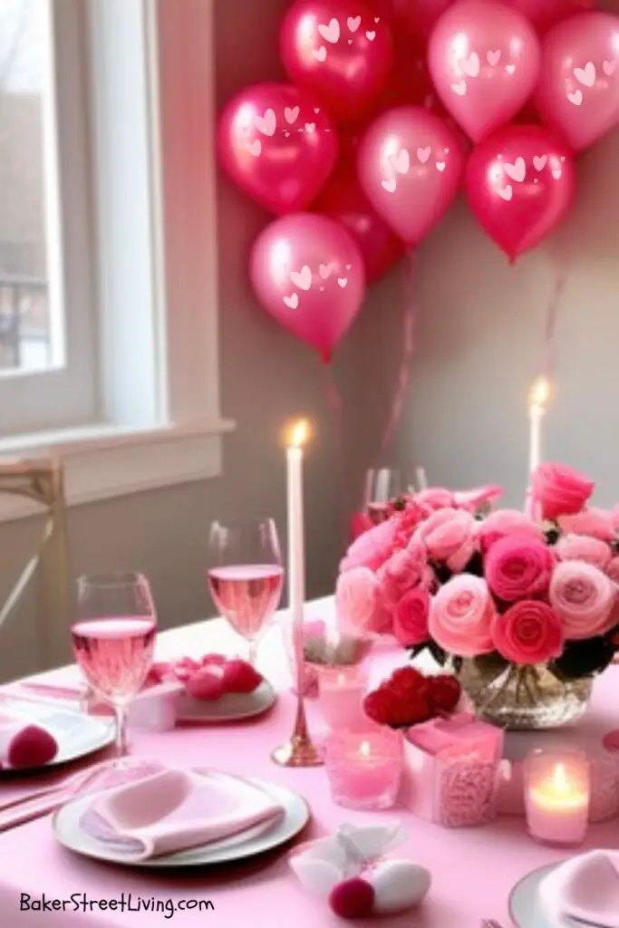 balloons next to a valentines day tablescape