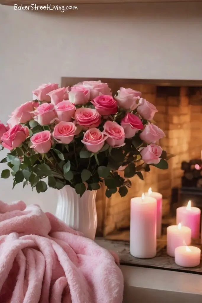  some pink roses and blanket fby a fireplace hearth