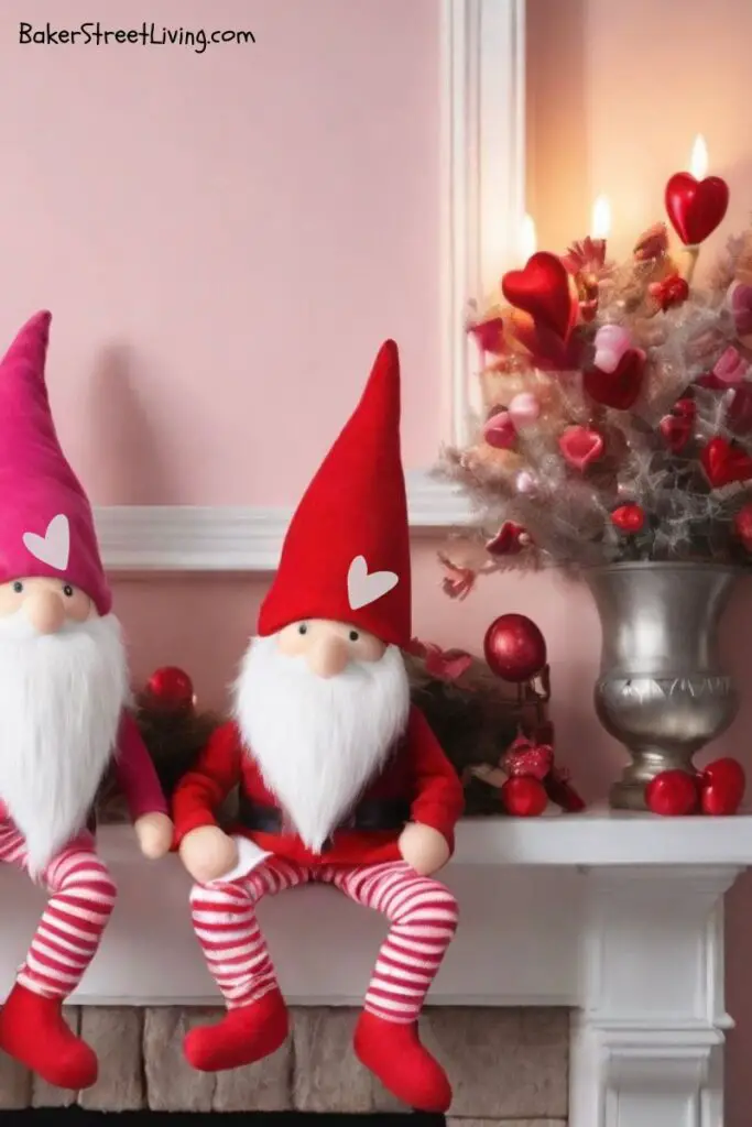 valentines fireplace decor - gnomes