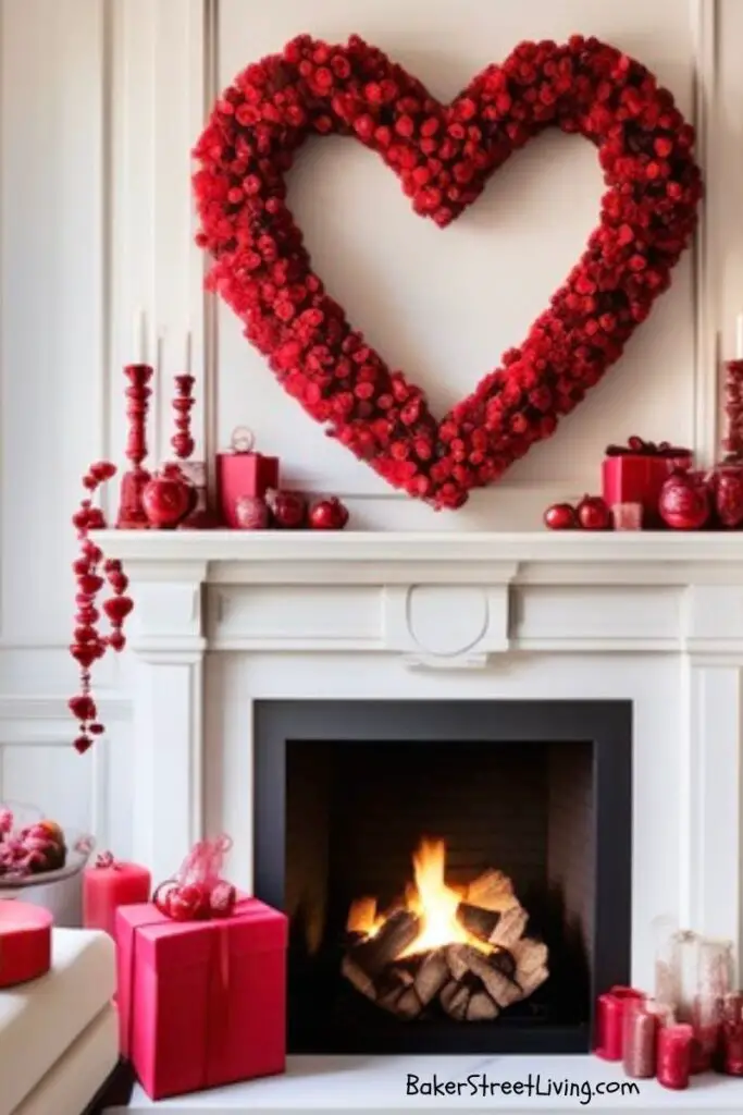 large heart shaoped flower wreath above a white mantle