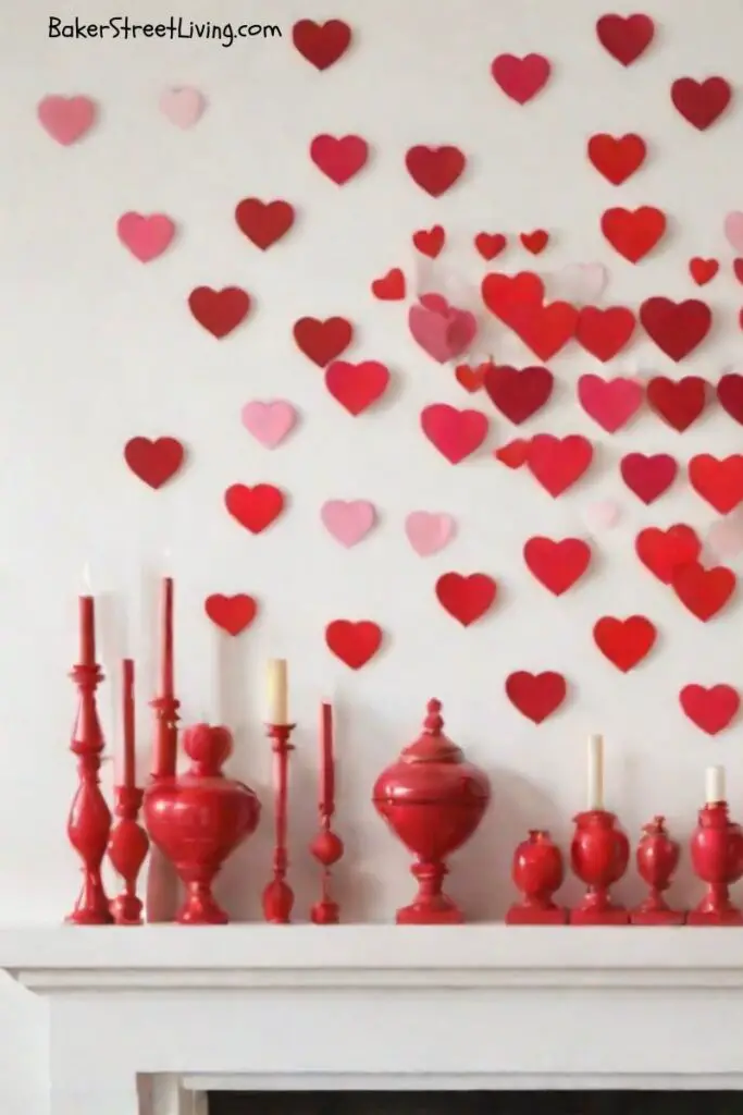 paper hearts over a fireplace with painted red bottles and candlesyicks