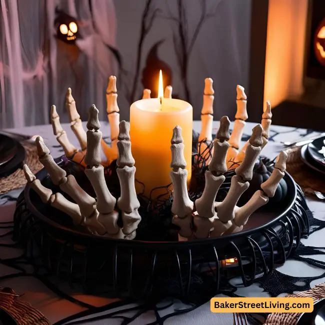 halloween centerpiece- made with black bowl and skeleton hands