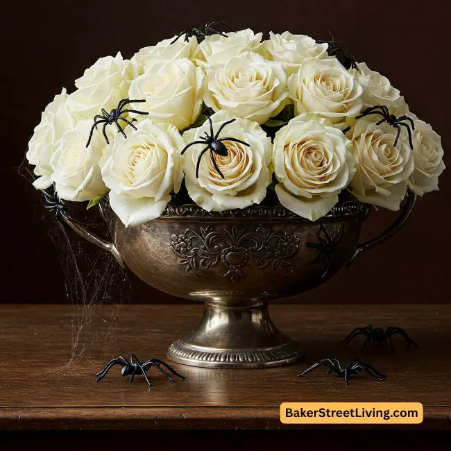 halloween centerpiueces - white roses with black spiders