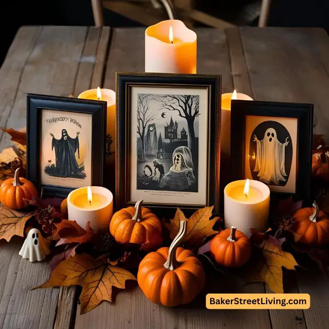 hallpoween centerpieces - using old frames and vintage photos