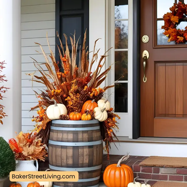 Autumn Front Door Decor Ideas -antique barrel