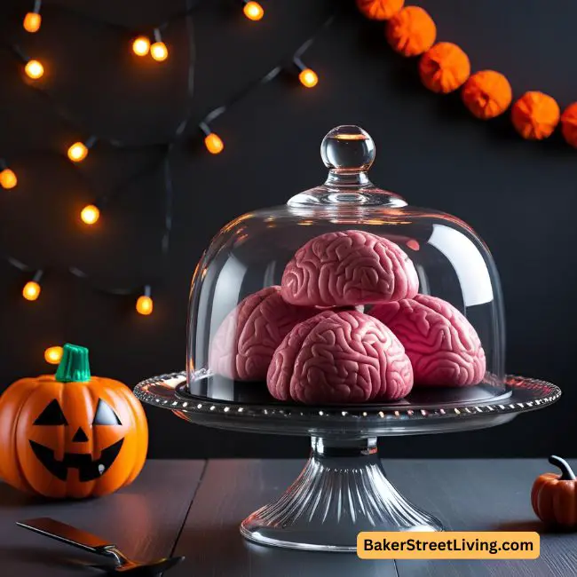 halloween Centerpieces - using a cake stand and plastic brains for a spooky look