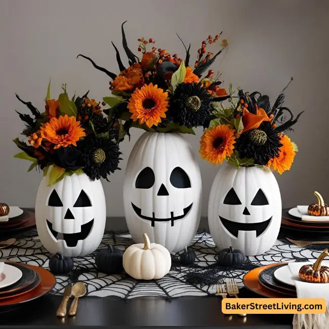 halloween centerpieces - white ceramic pumpkins