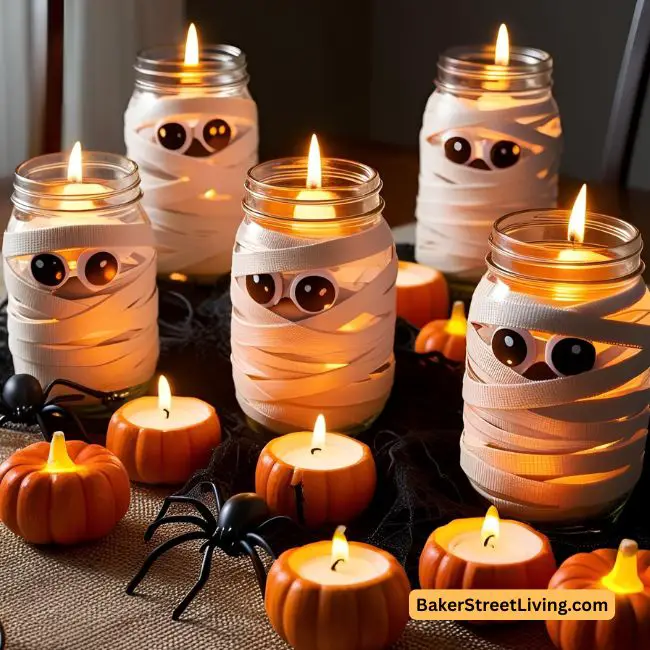 halloween centerpieces - mason jar mummies