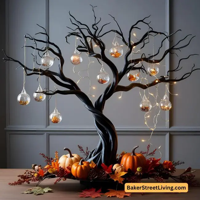 halloween centerpiece - black tree with small ornaments on it