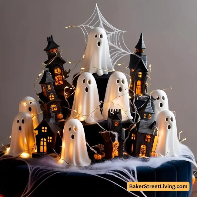 halloween centerpiece - made with ceramic ghosts and ceramic haunted house