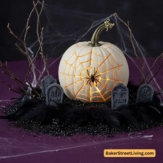halloween centerpieces using white pumpkin and faux spiders