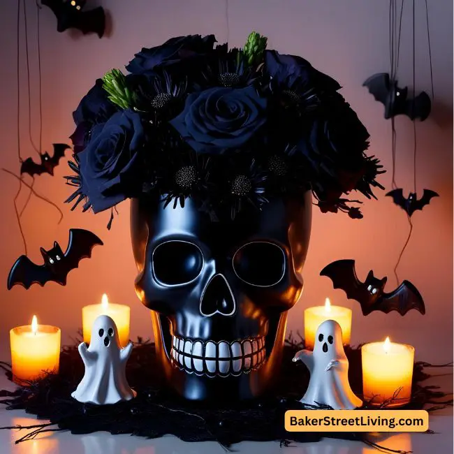 halloween centerpieces- black skull vase with black flowers