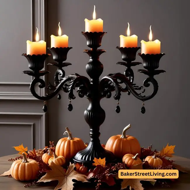 halloween centerpiece with candelabra, pumpkins and candles