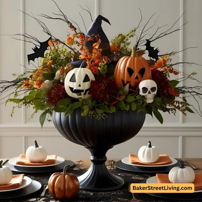 halloween centerpieces - urns with halloween accents