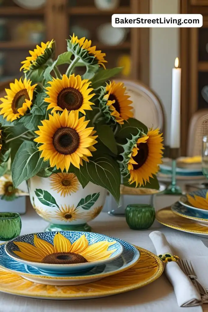 sunflower centerpiece in a yellow tablescape