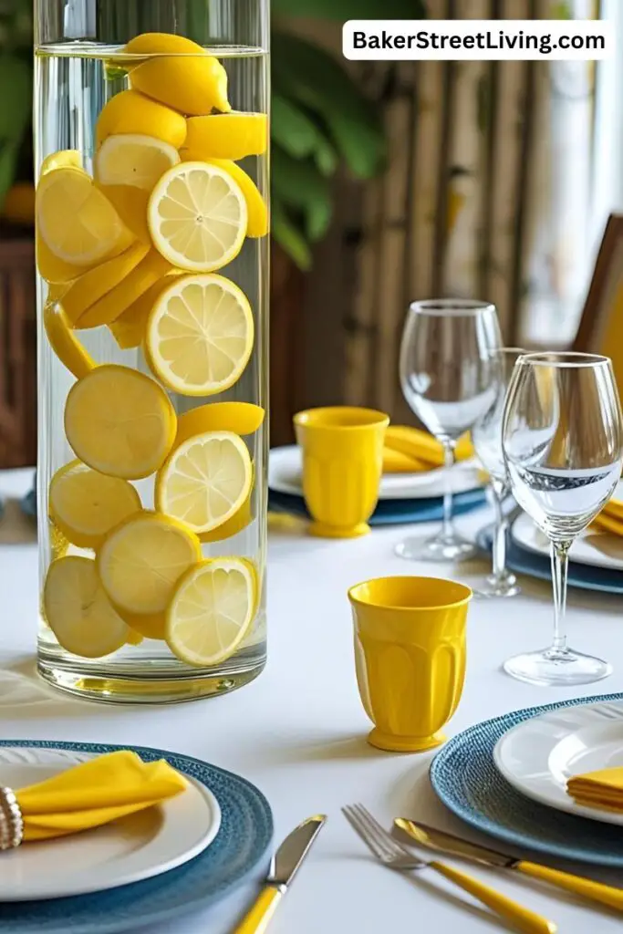 lemons added to a yellow tablescape