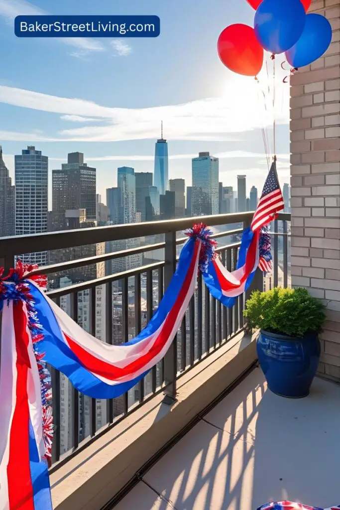 a city balcony decorated for the 4th of July
