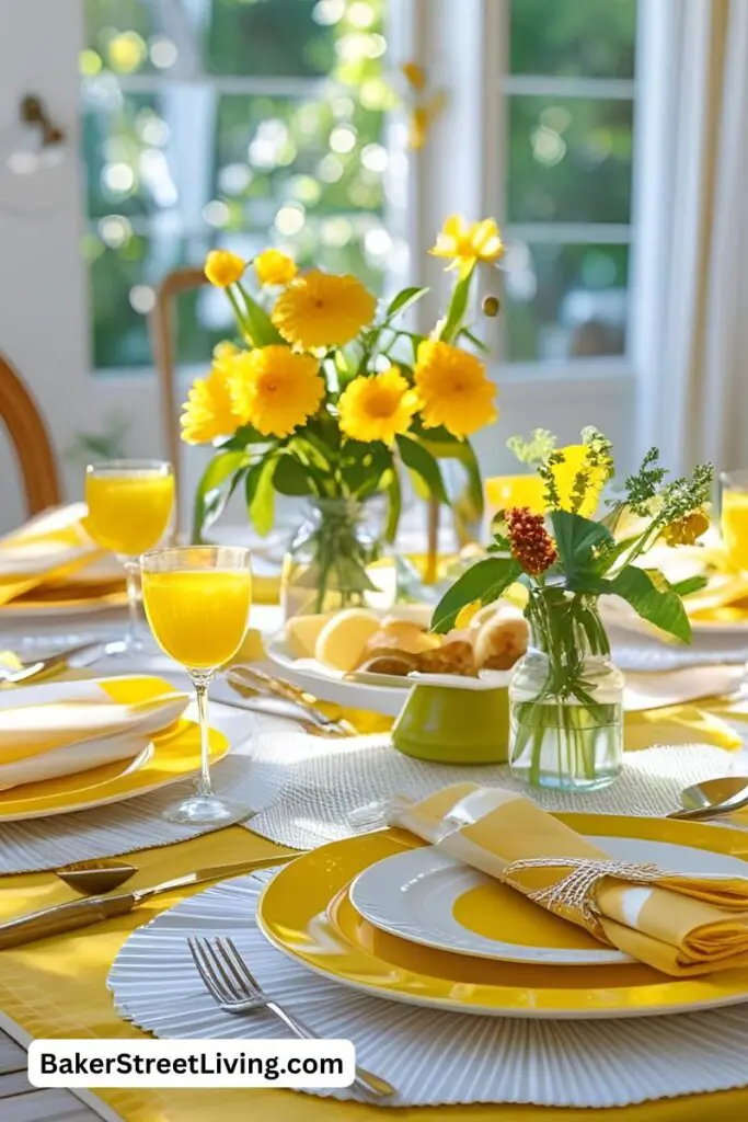 a dining table set in yellow and white