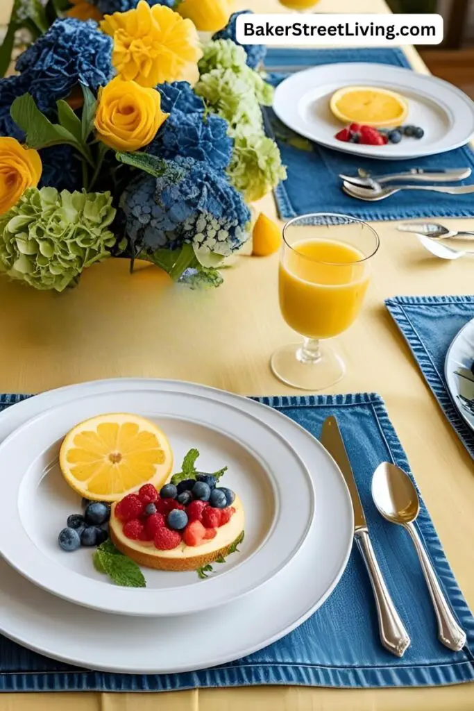 a yellow tablescape accompanied with denim placemats