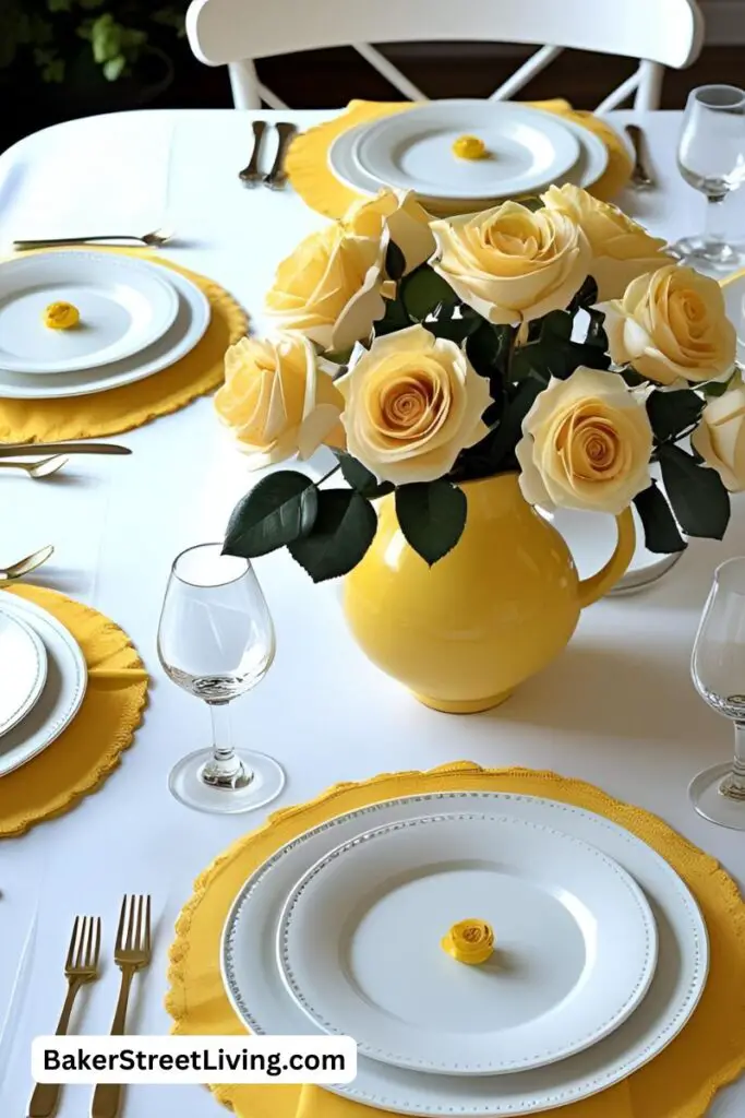 white dining table with yellow placemats and a yellow rose centerpiece