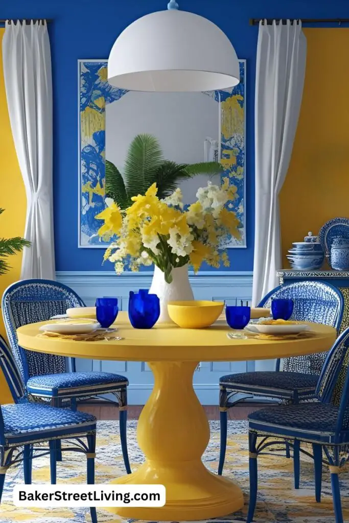 dining room in brioght bluer and yelow colours