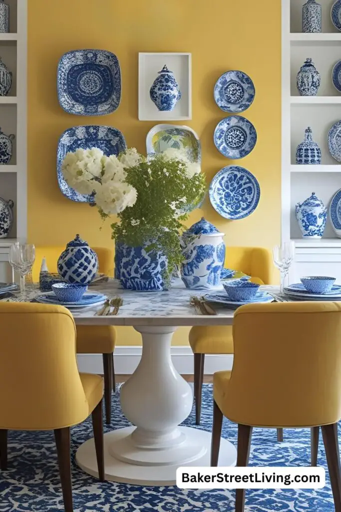 dining room deorated in yellow and vlue and white dishes