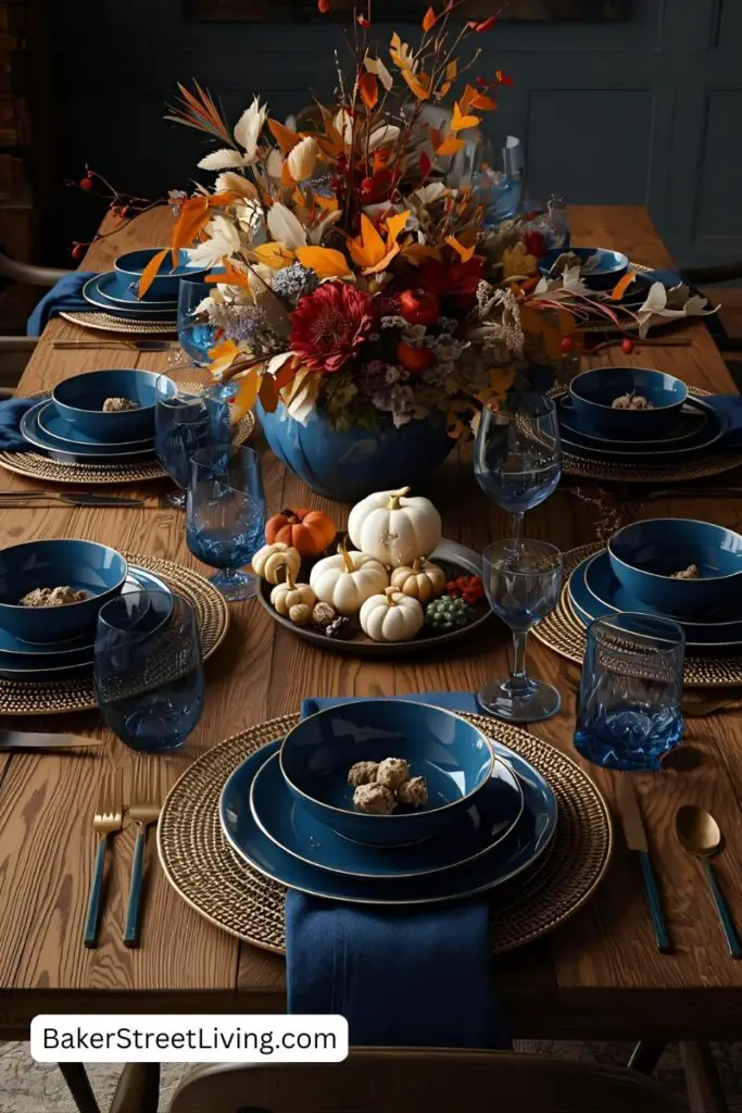 Bold colourewd dishes on a fall table