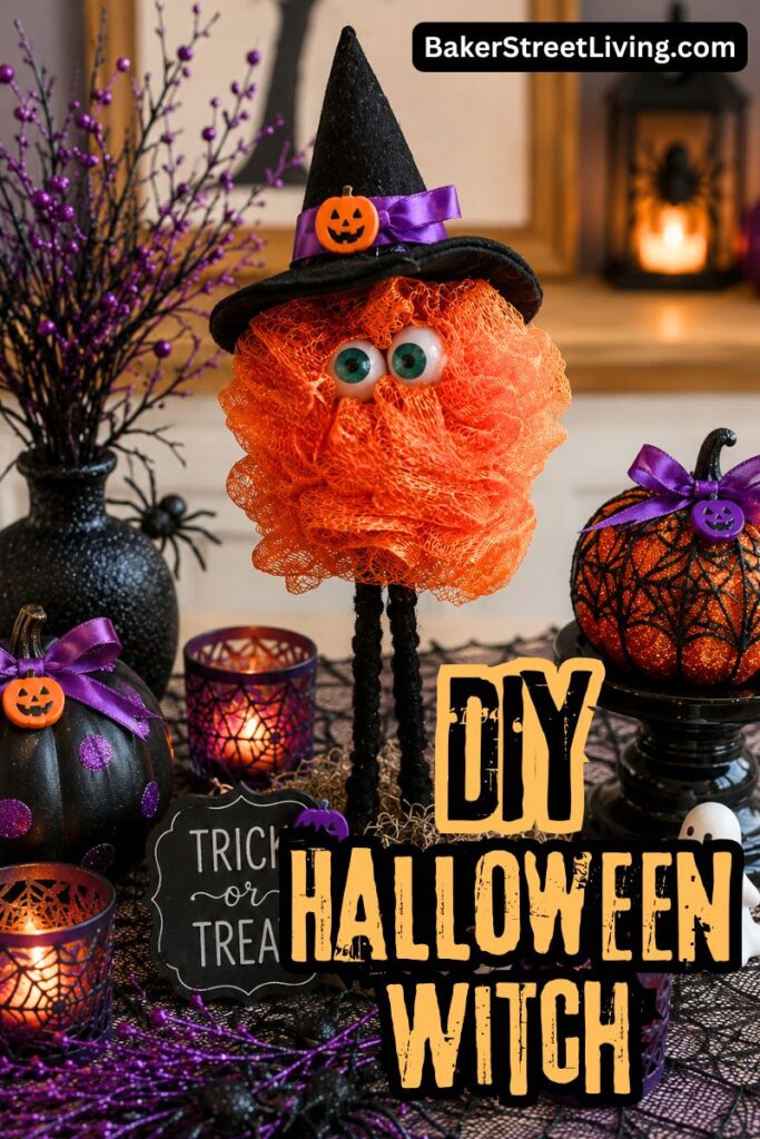 standing witch made from a loofah sponge